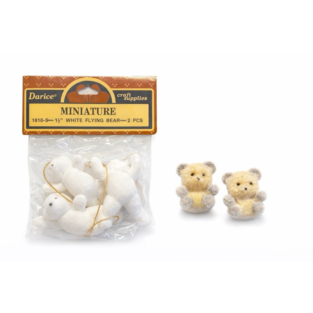 Darice Miniature Flocked Bears Lot White Flying Bear + Tan Teddy Craft Deco